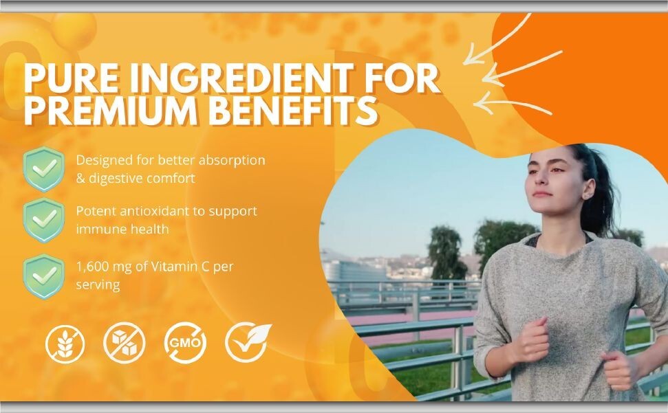 Pure Vitamin C 1600mg 100 capsules Boosts Immune System Organic vitamins VItamis