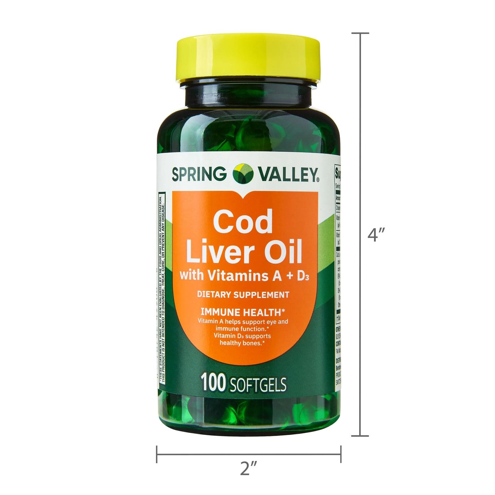 Spring Valley Cod Liver Oil Vitamins A & D3 Bone Skin Health Vision 100 Softgels