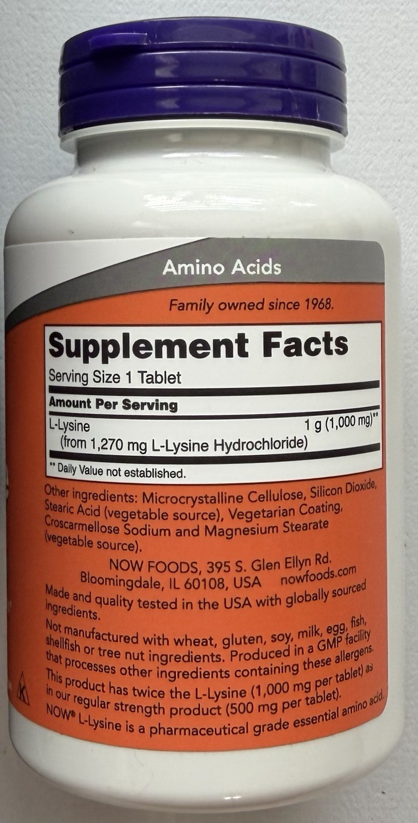 NOW Foods Supplements L-Lysine Hydrochloride 1,000 mg Double Strength 100 Tablet