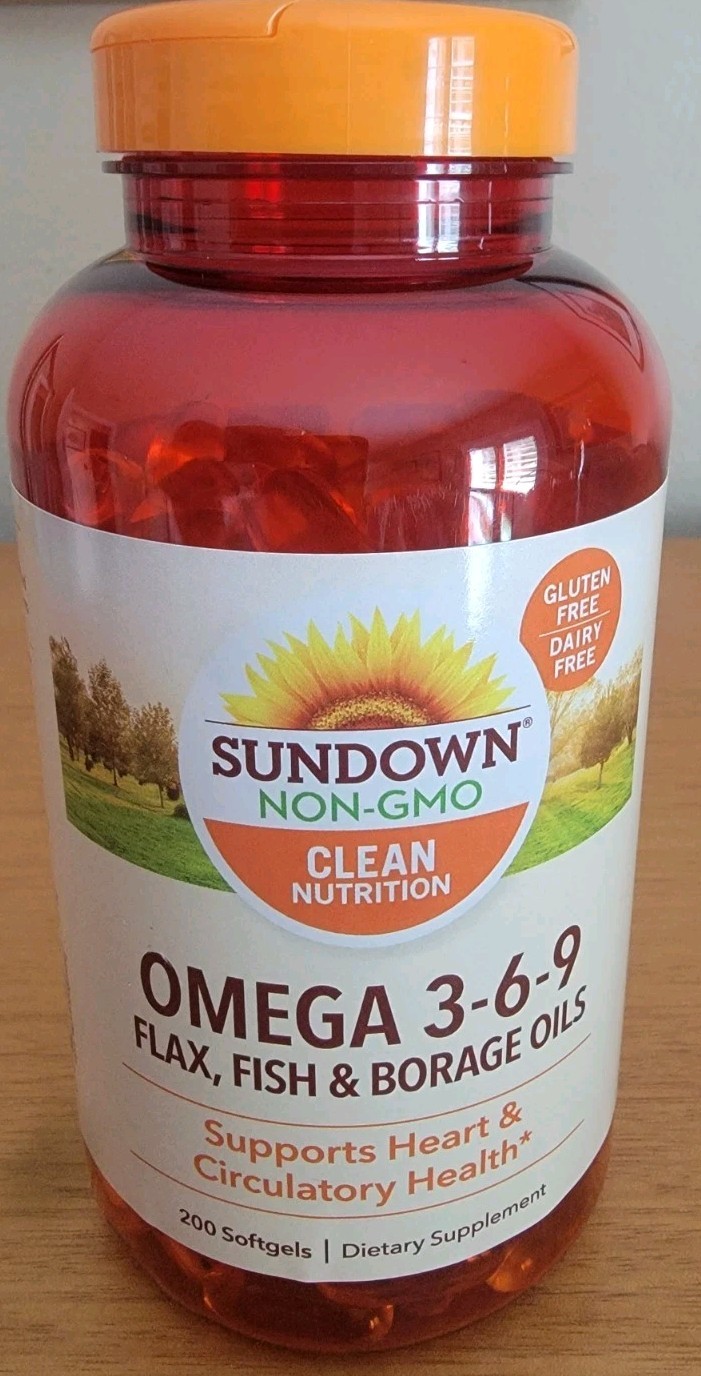 Sundown Omega 3-6-9 Fish & Borage Oils 200 Softgels Heart & Circulatory EXP 7/26