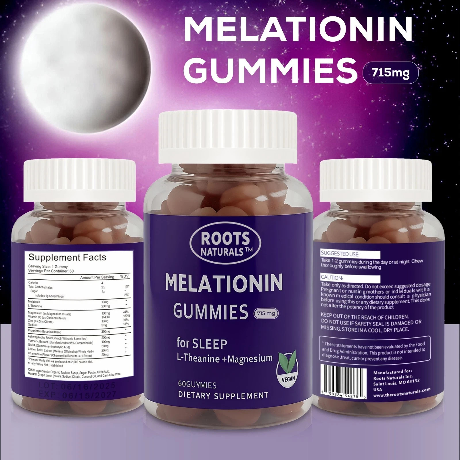 Melatonin Gummies for Sleep Roots Naturals – 60 Vegan Gummies – 715mg