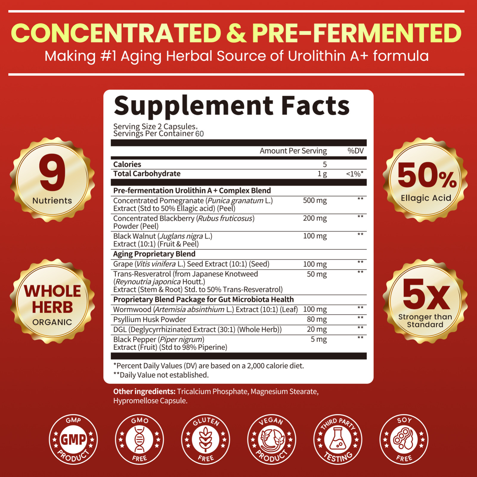 Urolithin A Supplement Capsules with Resveratrol Wormwood Supports Energy, Focus