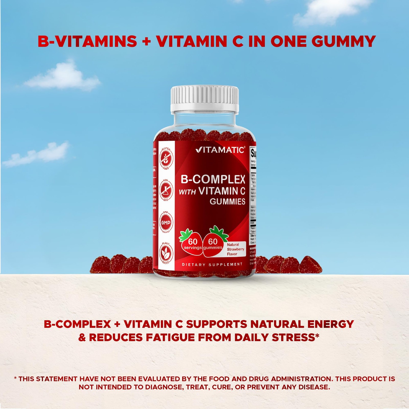 Vitamatic Vitamin B Complex Gummies with 60 Count (Pack of 1), No Color
