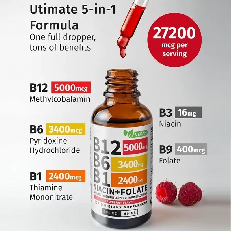 2-Bottles Vitamin B12 and B6 Liquid Drops B12 Complex – B1 Sublingual Vitamin B