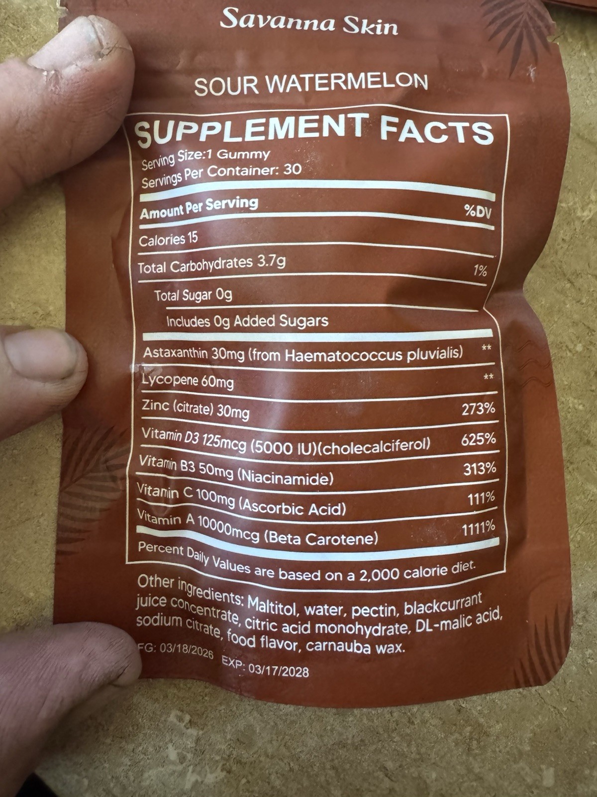 Savanna Skin Sour Watermelon Tanning Vitamin Gummies, 30 Count, Unisex Adult