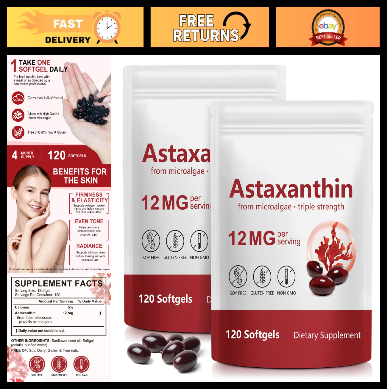 Astaxanthin 12mg Softgels – 240 Count, Antioxidant for Eye, Joint & Skin Health