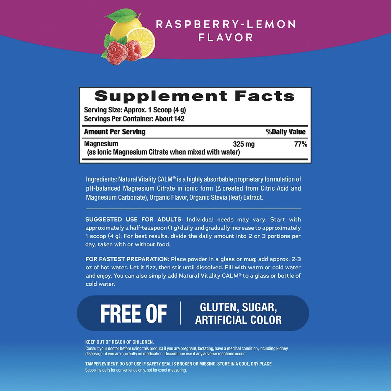 Calm Magnesium Drink Mix 20oz Exp 09/26 Raspberry Lemon Natural Vitality Powder