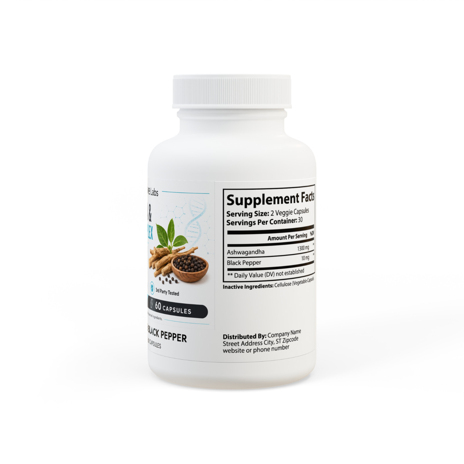 Ashwagandha Black Pepper Complex 60 Capsules Stress Support Vegan Non-GMO