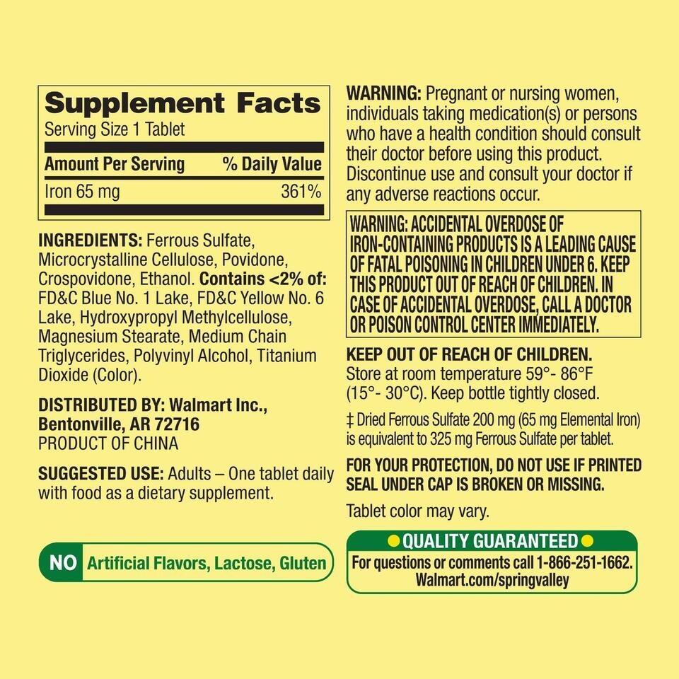 Iron 65 Mg Support Red Blood Cell Production Ferrous Sulfate 325 Mg, 100 Tablets