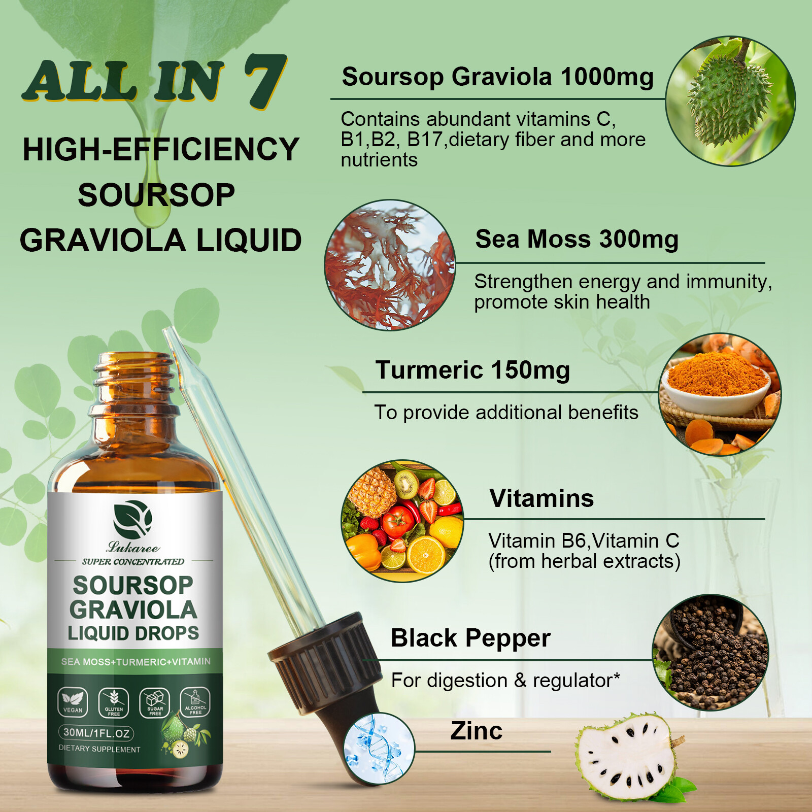 Soursop Graviola Drops 1000mg,High-Efficiency,Support Immune,Relaxation Supply