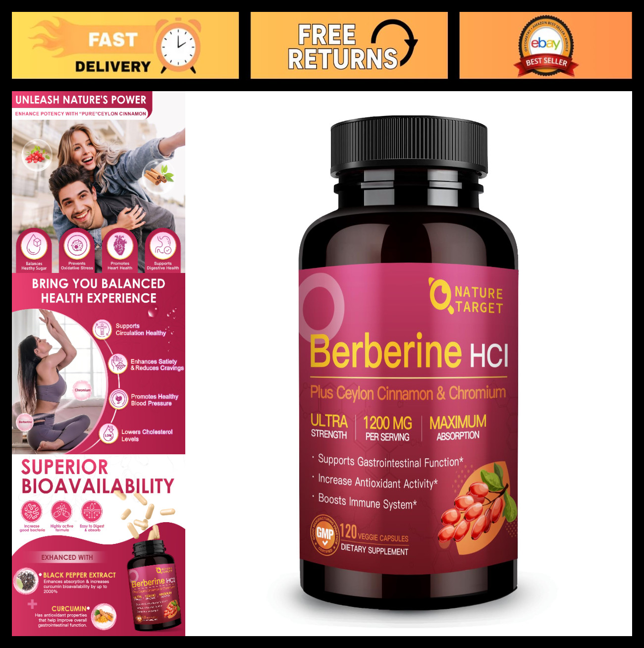 Berberine Supplement 1200mg with Ceylon Cinnamon & Chromium – 120 Capsules, Non-