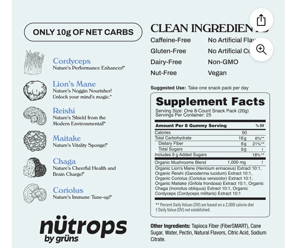 Nutrops by Gruns Adult Organic Functional Nootropic Mushroom Gummies, 25 ct..