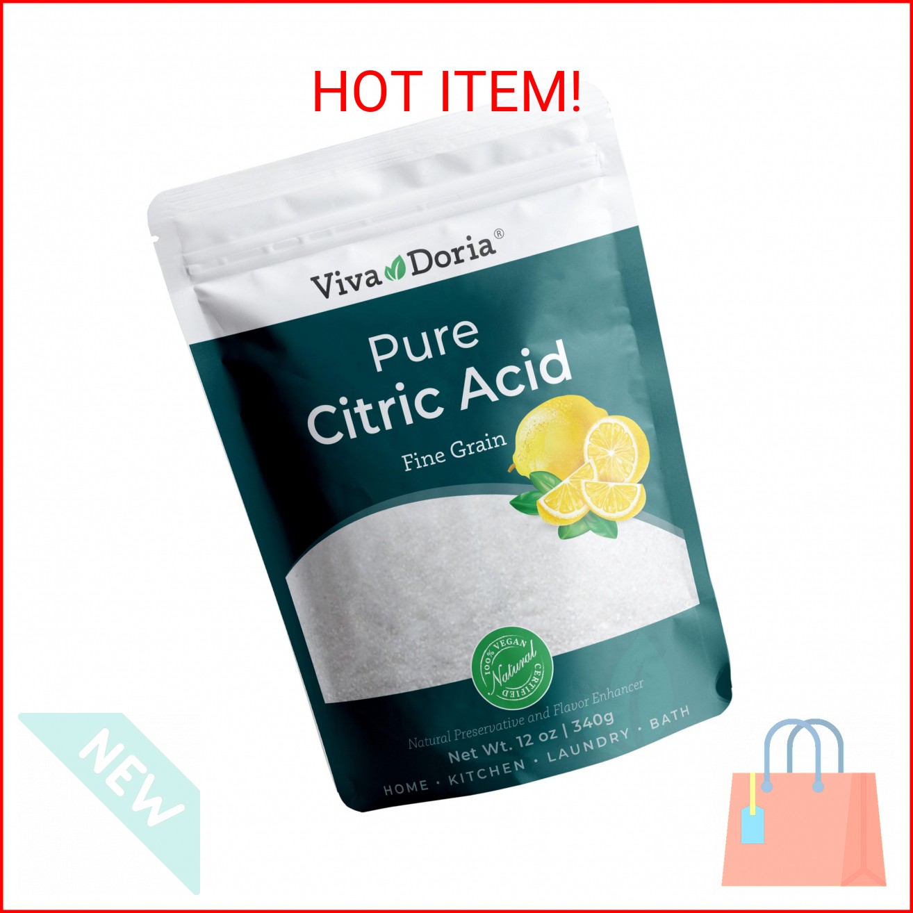 Viva Doria 100% Pure Citric Acid, Food Grade, Fine Grain, 12 oz (340 g)