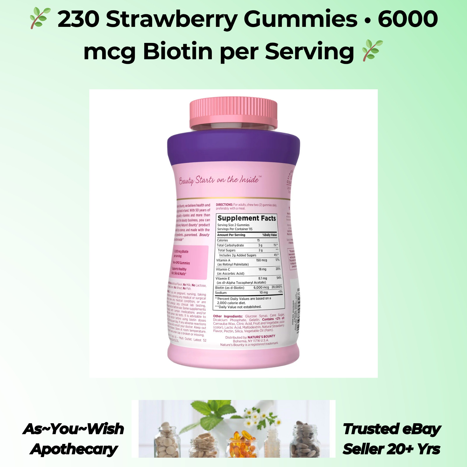 230 Ct Nature’s Bounty Biotin 6000mcg Gummies Exp 10/26 Hair Skin Nails Support