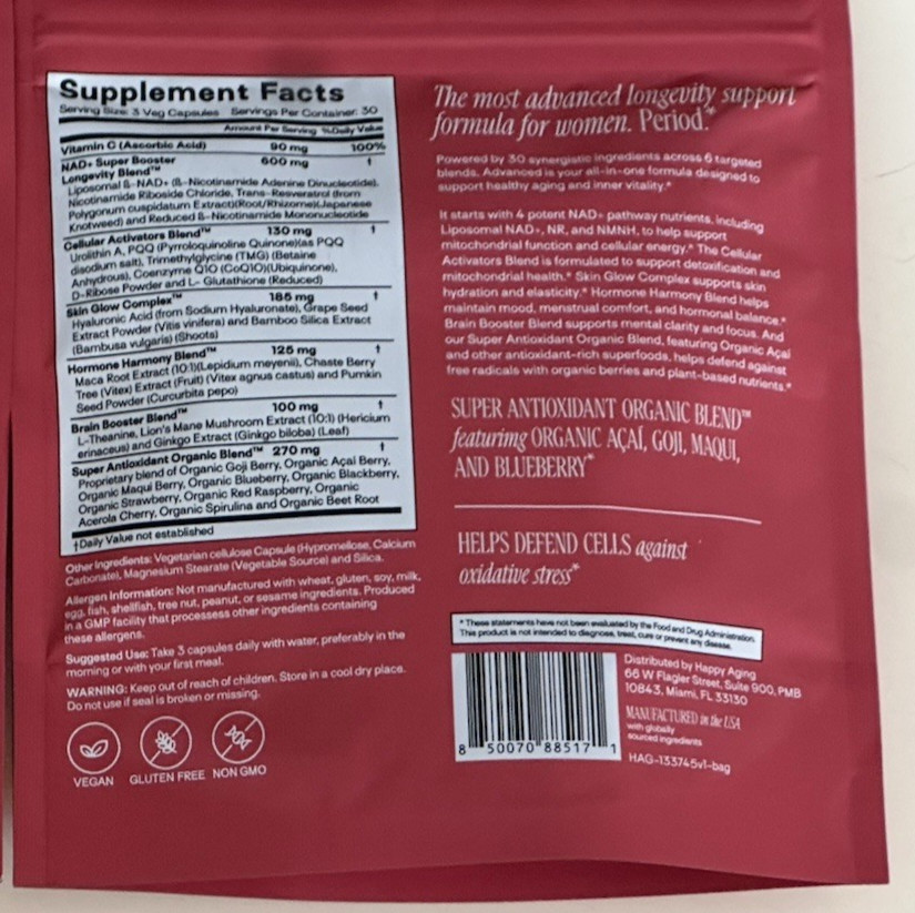 Happy Aging Essential Longevity Formula NAD+ Women’s Energy 90ct Capsules