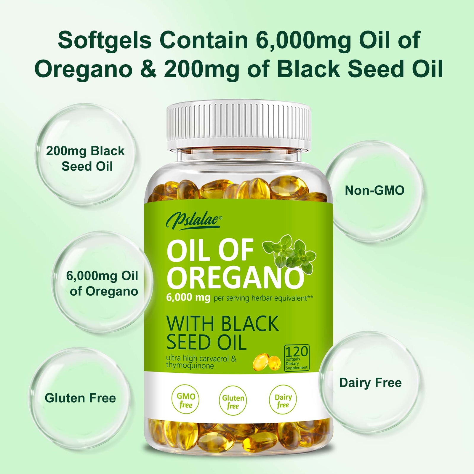120pcs Oil of Oregano – with Carvacrol, Black Seed Oil – Natural Immune Support
