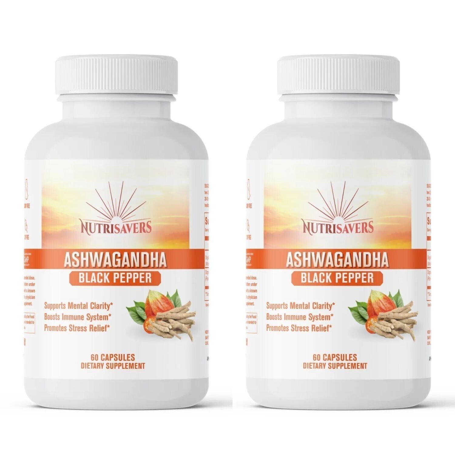 Ashwagandha & Black Pepper 1300mg, Adrenal Support Supplement, 120 Vege Caps