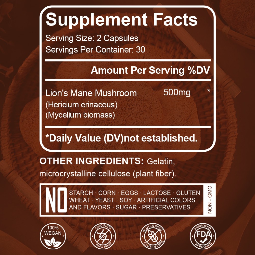 Lion’s Mane Mushroom Extract Capsules 500mg Brain Cognitive Support Supplement