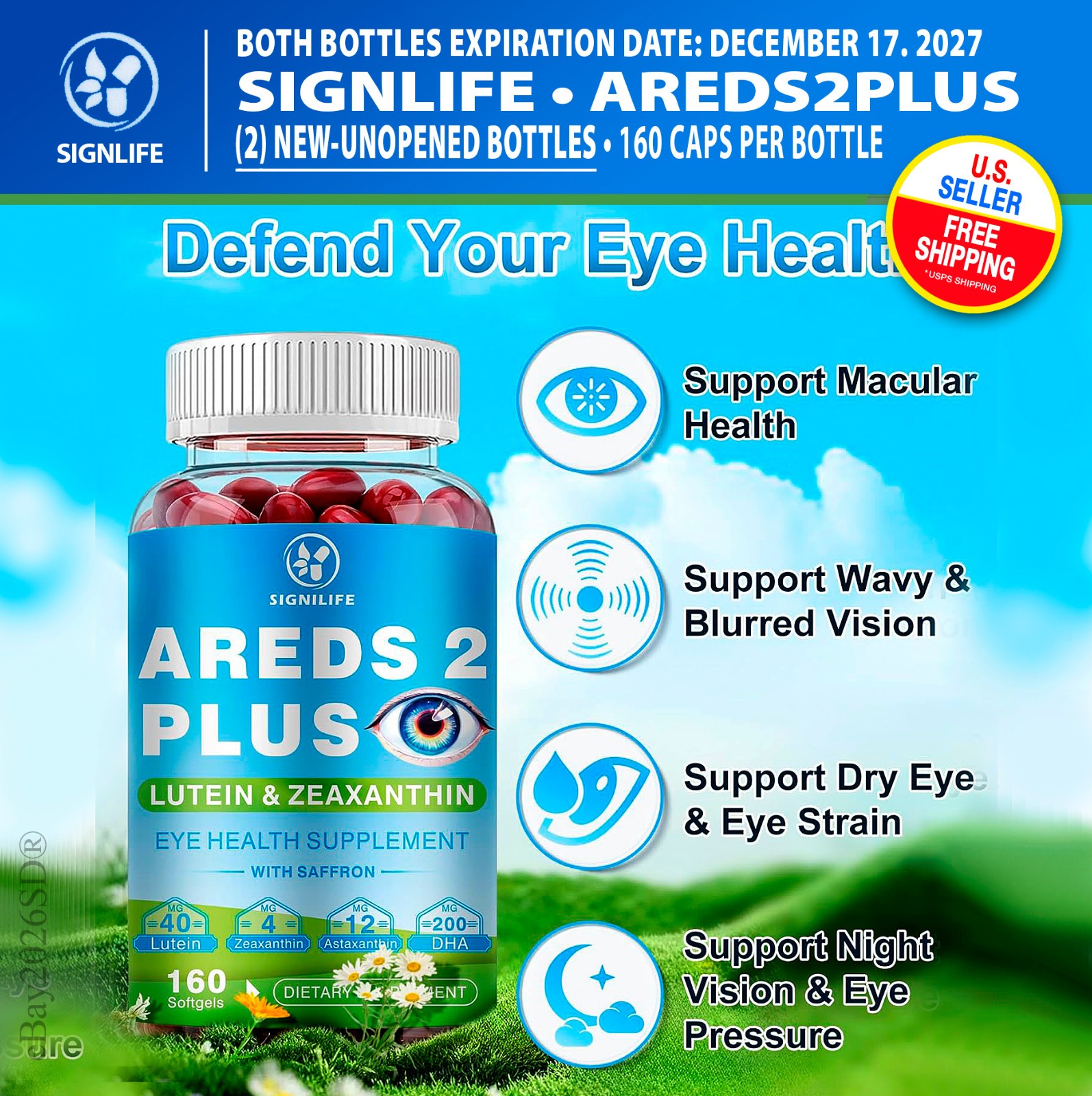(2) Bottles • AREDS 2 Plus Eye Vitamins • w/Lutein, Zeaxanthin and Astaxanthin
