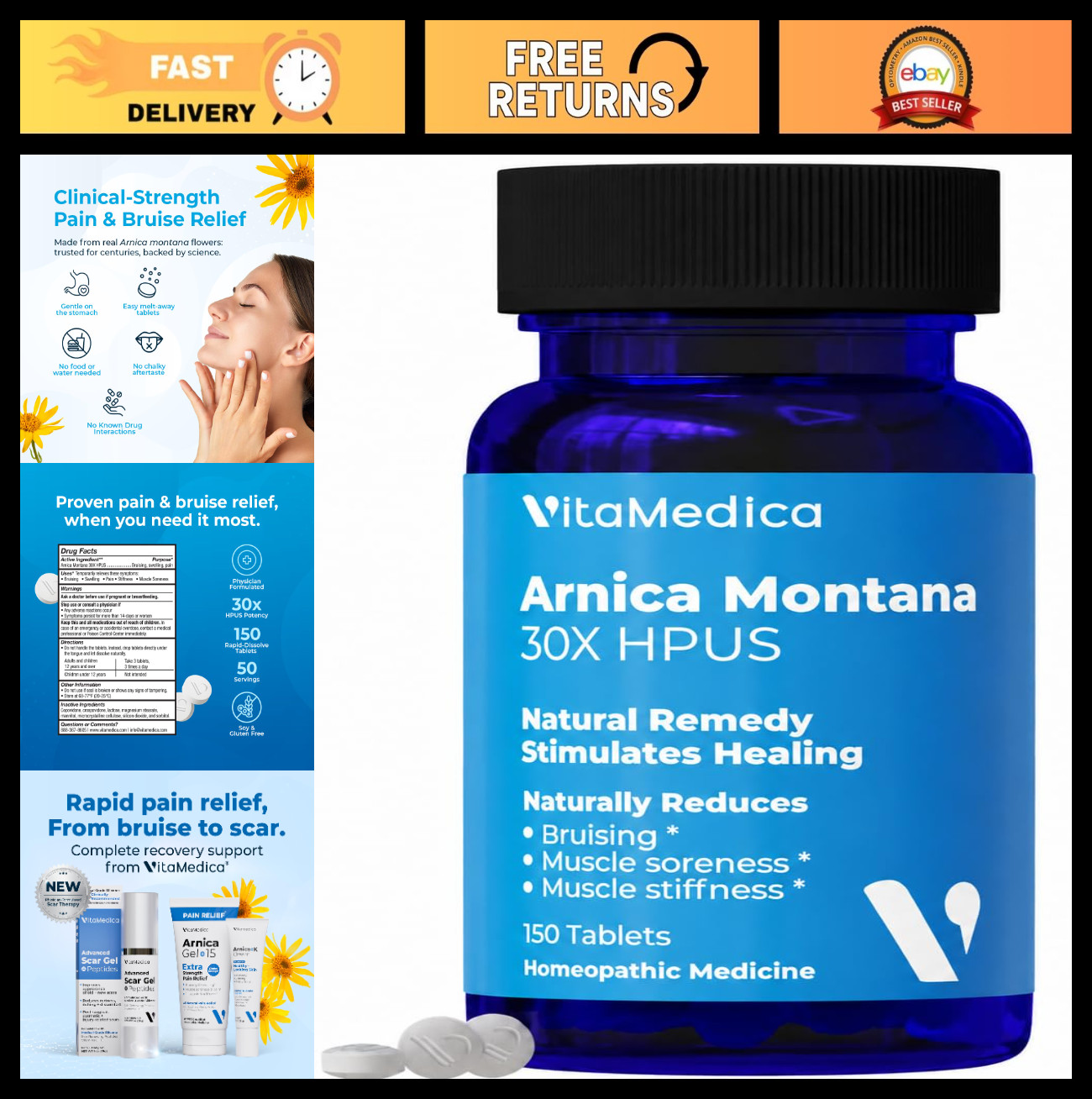 Natural Pain Relief Tablets, Arnica Montana 30X for Bruising & Swelling – 150 Ct