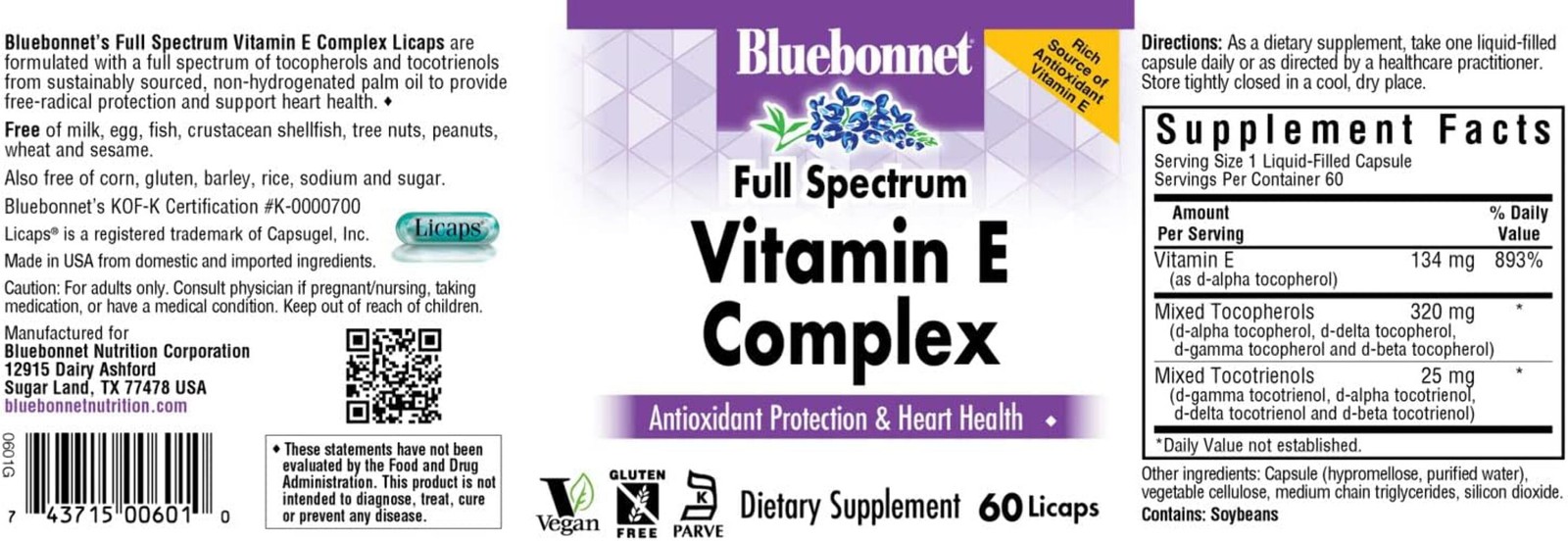 Bluebonnet Nutrition – FULL SPECTRUM VITAMIN E COMPLEX 60 LICAPS Exp 05/27