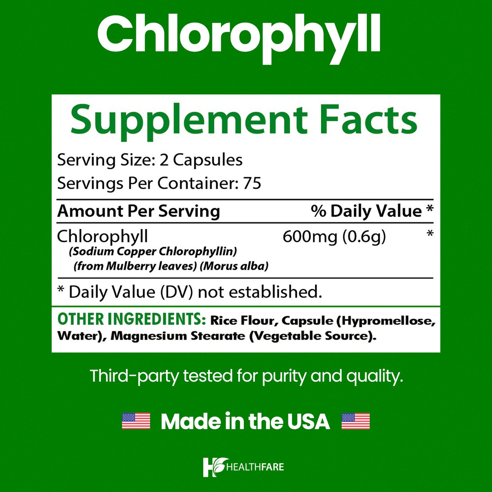 Healthfare Chlorophyll Capsules 600mg | 150 Veg Capsules | Premium Plant-Based
