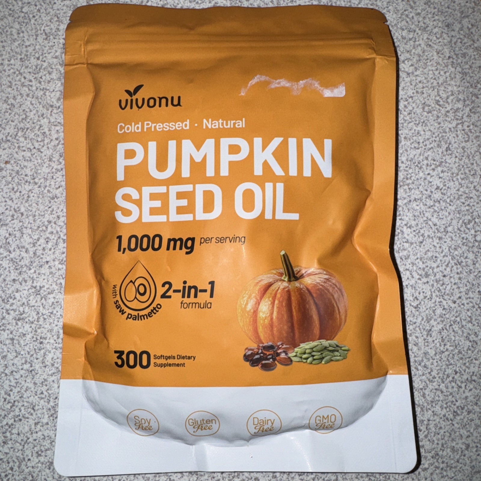 Vivonu Pumpkin Seed Oil + Saw Palmetto 300 Softgels, Cold-Pressed 1000 mg Orange