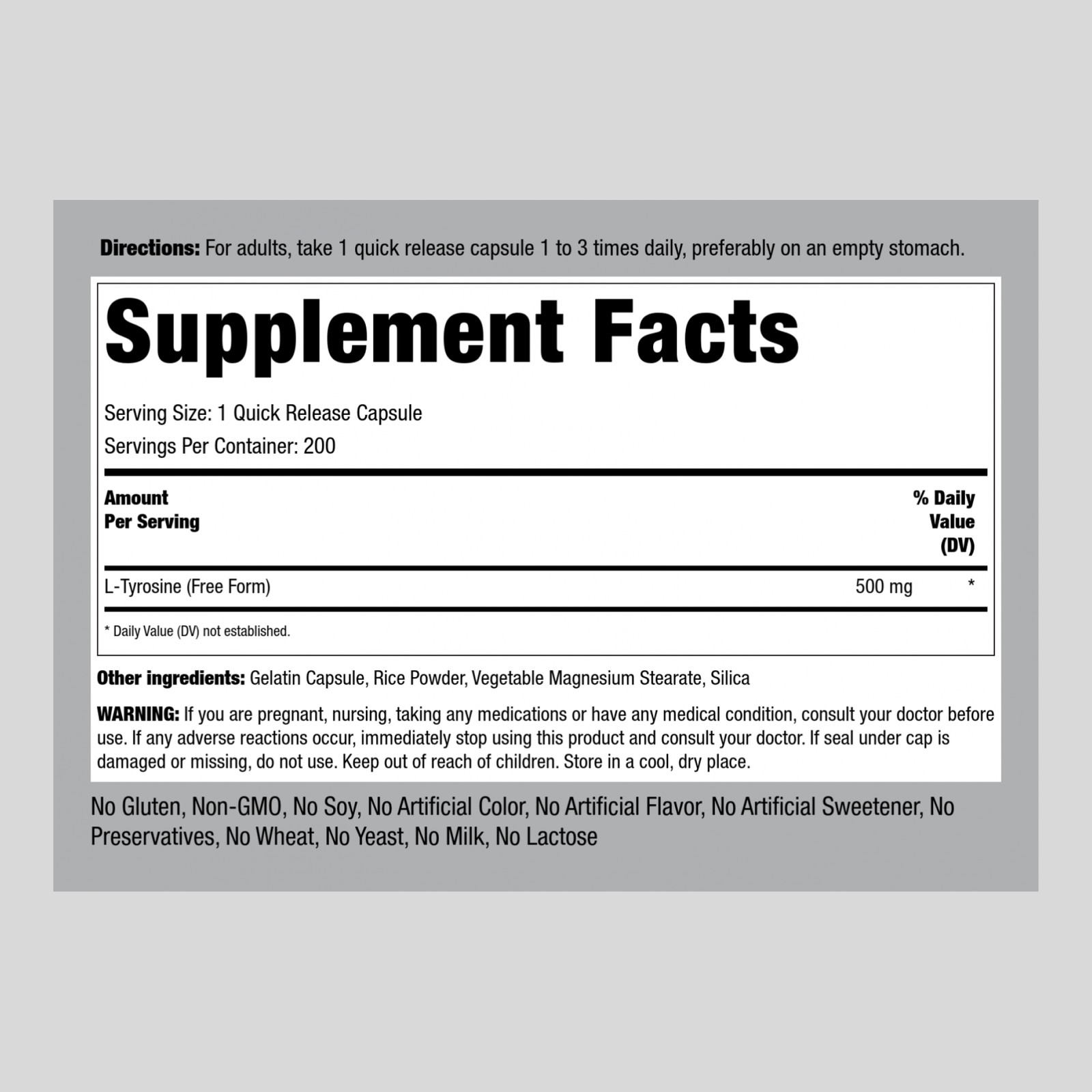 L-Tyrosine 500mg Capsules | 200 Pills | Non-GMO, Gluten Free | By Piping Rock