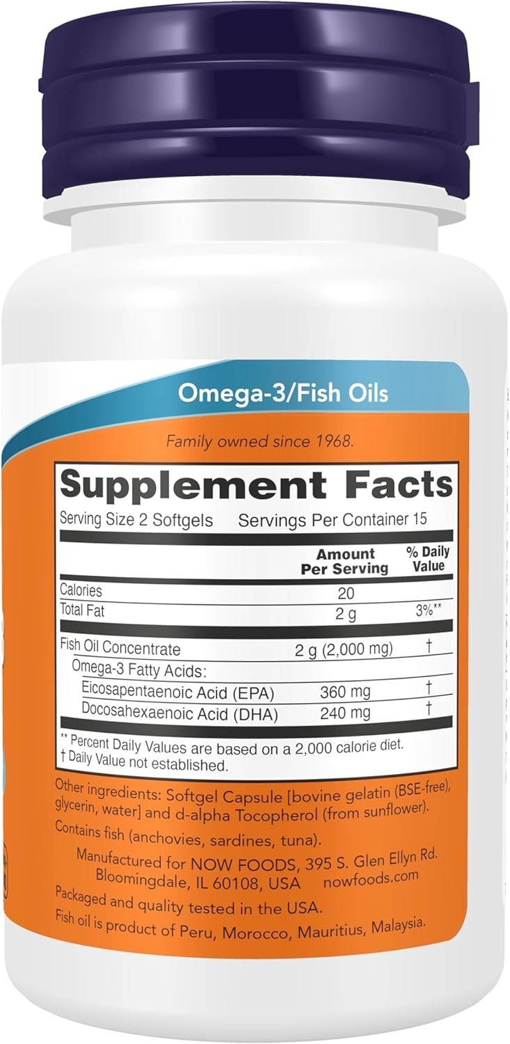 NOW Foods Omega 3 Fish Oil 1000mg Cardiovascular Support 30 Softgels 180EPA/120D