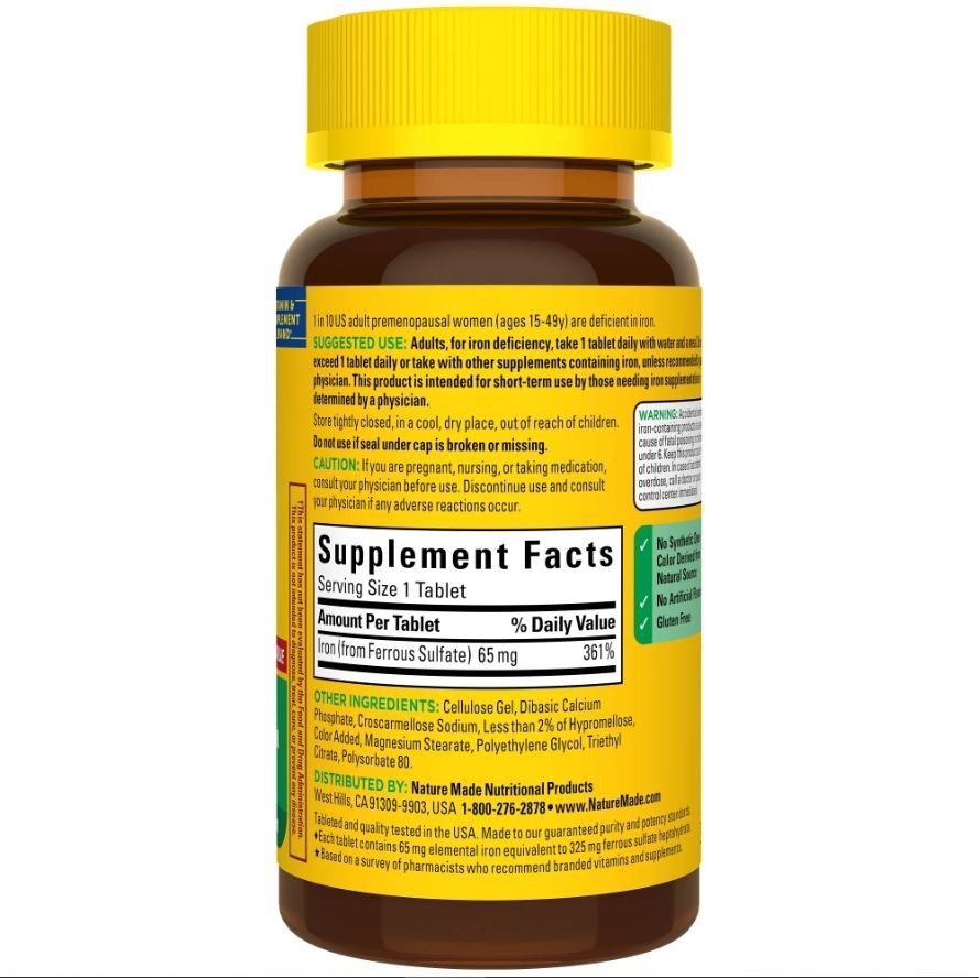 Nature Made Iron 65 mg 325 mg Ferrous Sulfate Tablets, Dietary Supplement