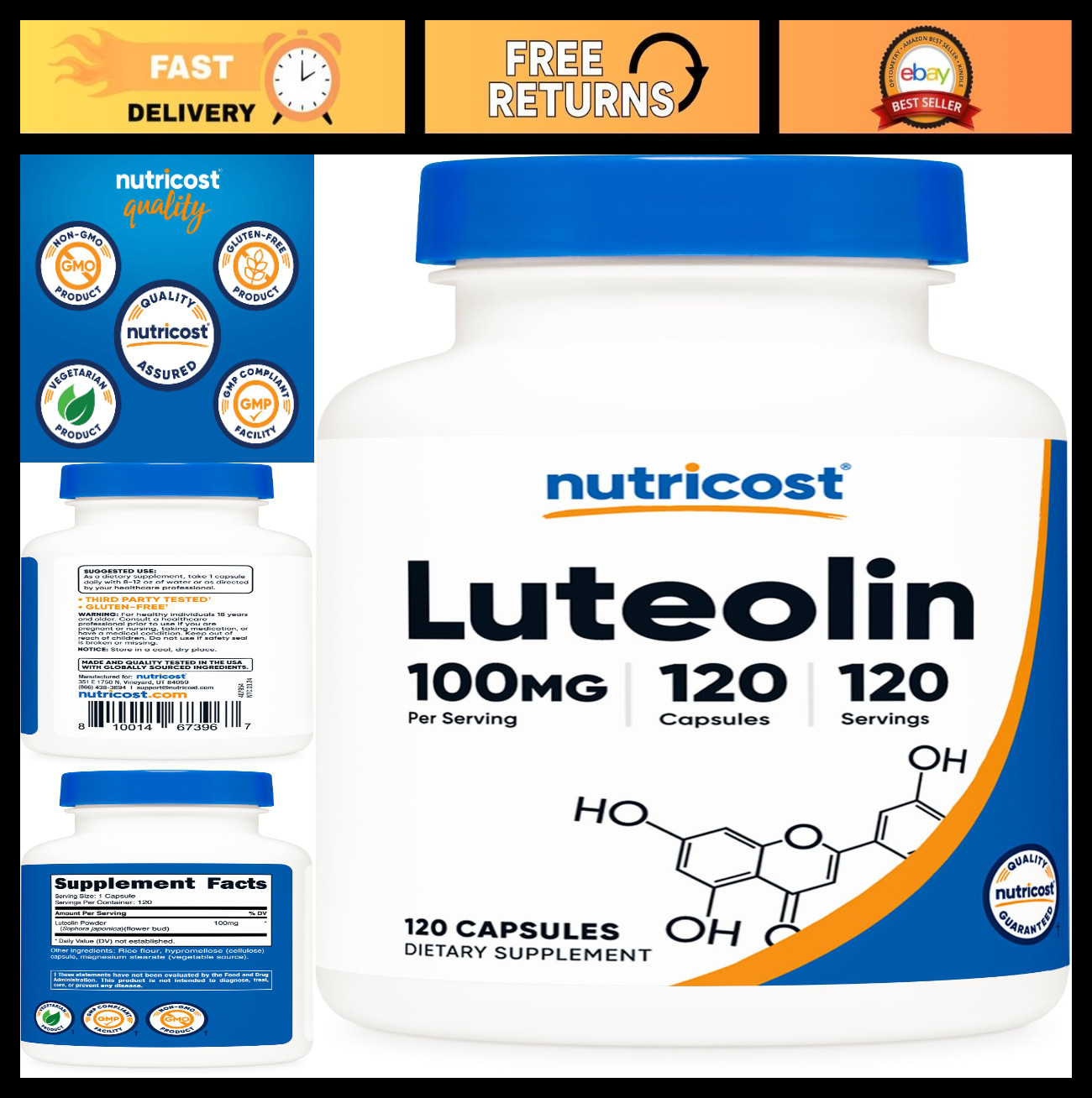 Luteolin 100mg 120 Capsules – Gluten Free, Vegetarian, Non-GMO Supplement