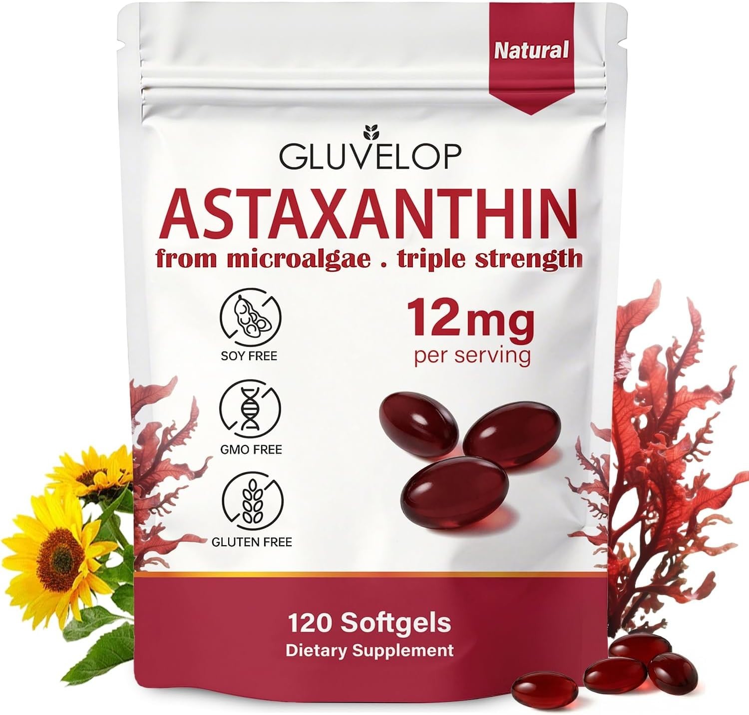 Natural Astaxanthin Supplements 12mg, 120 Softgels for Skin, Eye & Circulation