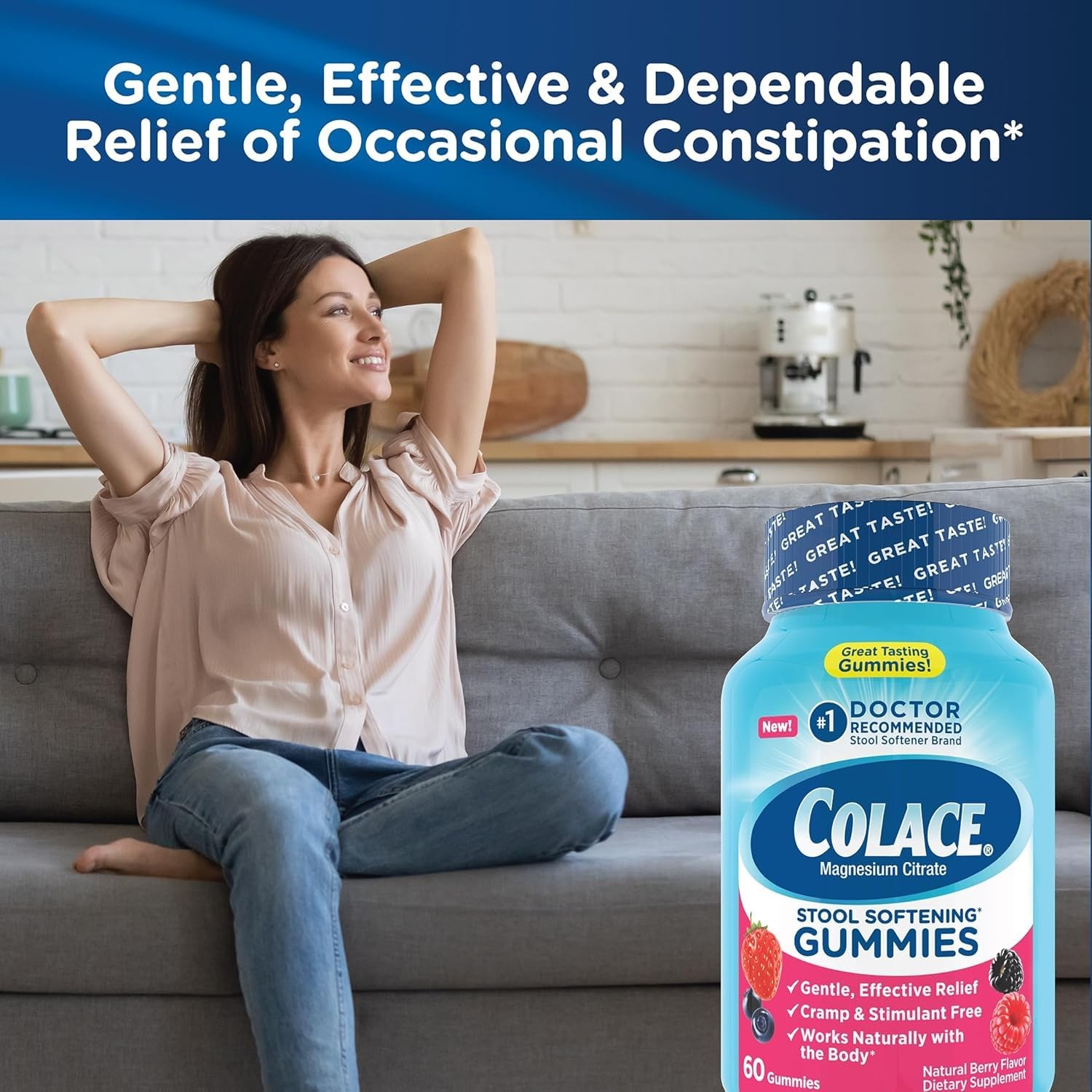 Colace Stool Softener Gummies Berry Flavored 60 Count Pack Of 2 Gentle