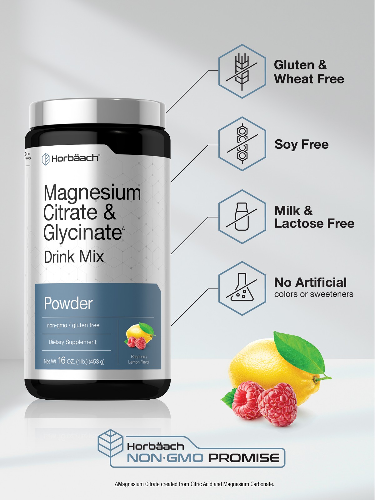 Magnesium Citrate & Glycinate | 16 oz | Raspberry Lemon Flavor | by Horbäach