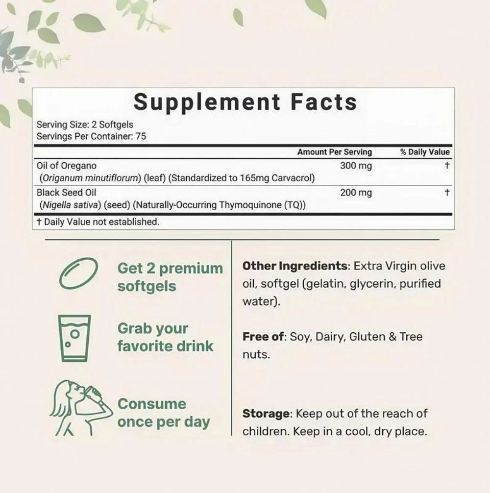 2 in 1 Oil of Oregano & Black Seed Softgels Count with Carvacrol,Immune Support