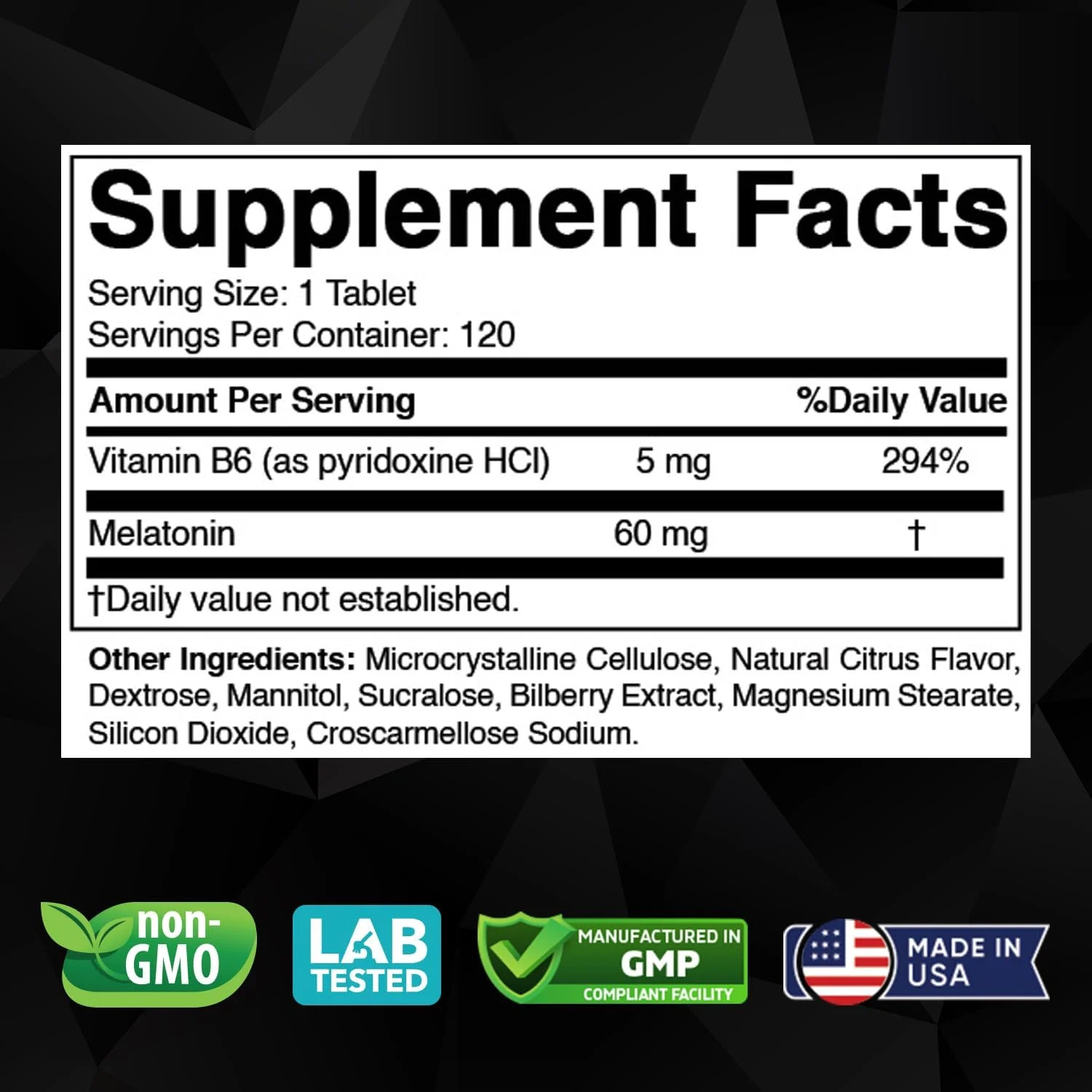 Vitabod Melatonin 60mg + Vitamin B6 120 Fast Dissolve Tablets Vegetarian GF