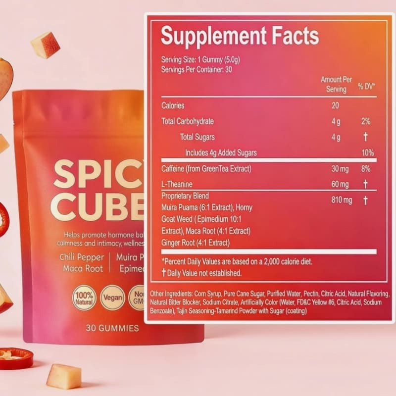 Peach Gummies Spicy Cubes 30 Gummies 1 Bag Support for Calm and Relaxation Hot