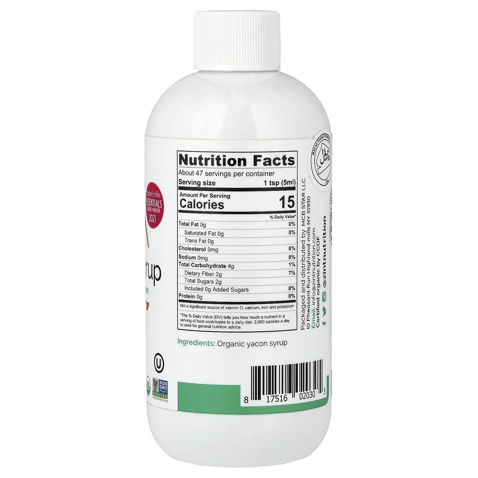 Zint Organic Yacon Syrup Prebiotic Sweetener 8 fl oz 236 ml Dairy-Free,