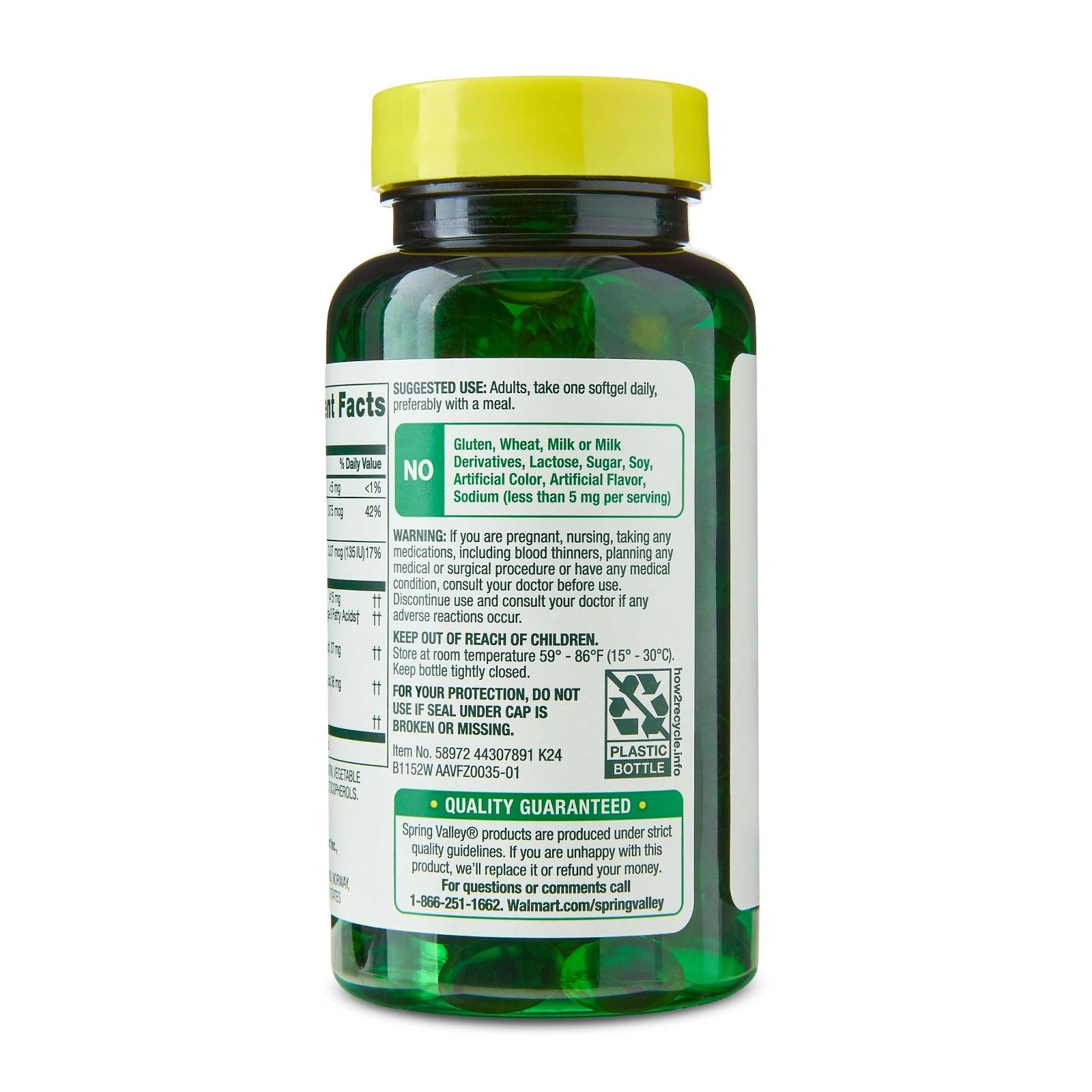 Spring Valley Cod Liver Oil Vitamins A & D3 Bone Skin Health Vision 100 Softgels