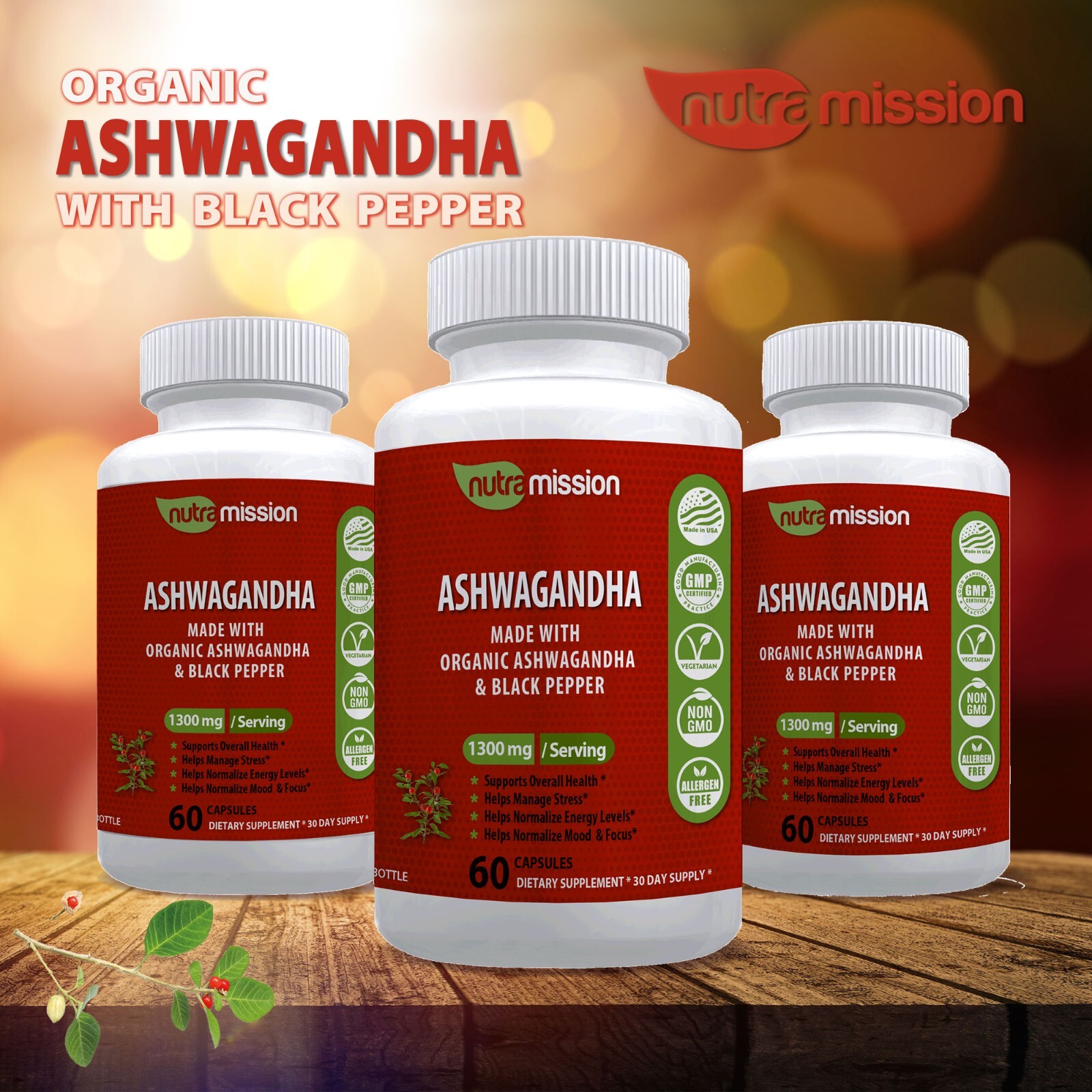 Ashwagandha Capsules 1300mg with Black Pepper-120ct