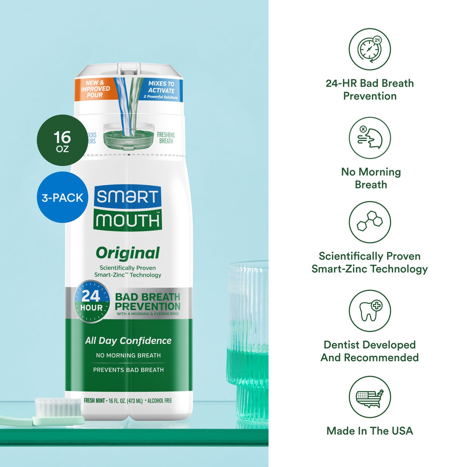 SmartMouth Original Zinc Activated 16 Fl Oz (Pack of 3), Mint