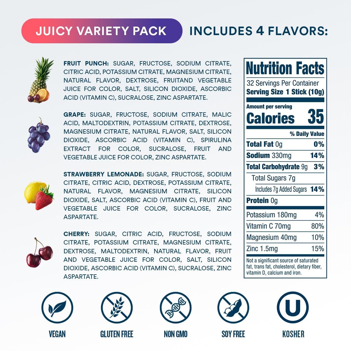 DripDrop Hydration 32 Count, Grape, Fruit Punch, Strawberry Lemonade, Cherry
