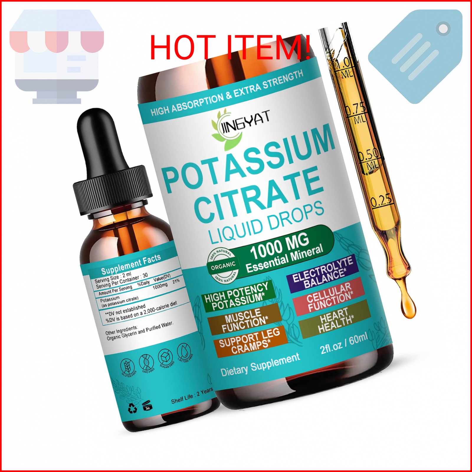 Potassium Supplement Liquid Drops, High Absorption Potassium Citrate 1000mg for