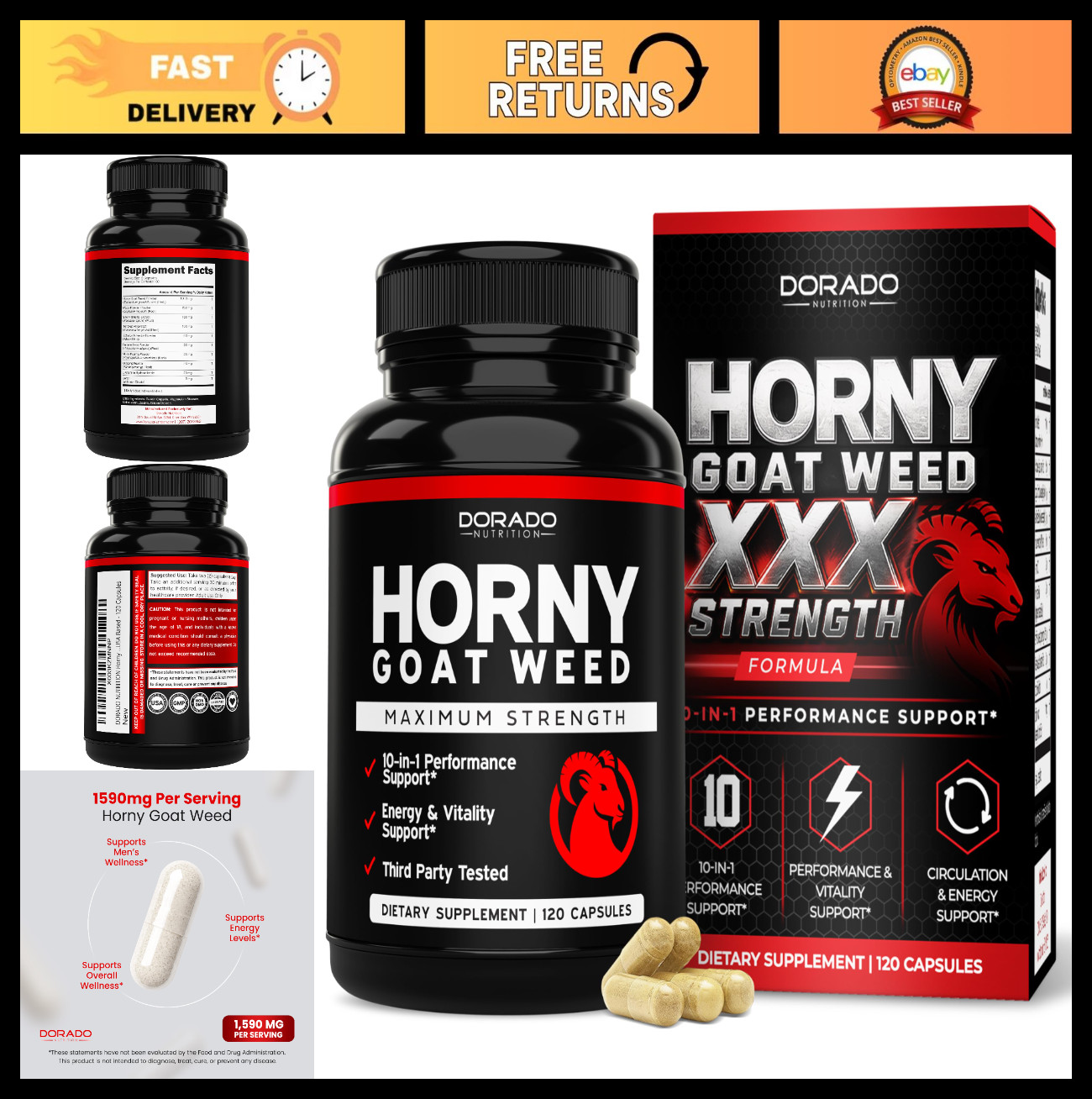 Maximum Strength Horny Goat Weed 1590mg – Maca, Ginseng, L-Arginine – 120 Count