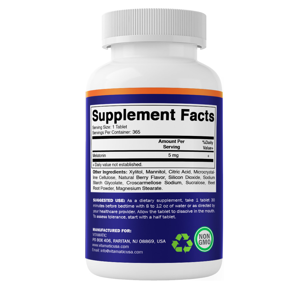 Vitamatic Melatonin 5 mg Tablets | Vegetarian, Non-GMO, Gluten Free – 365 Days