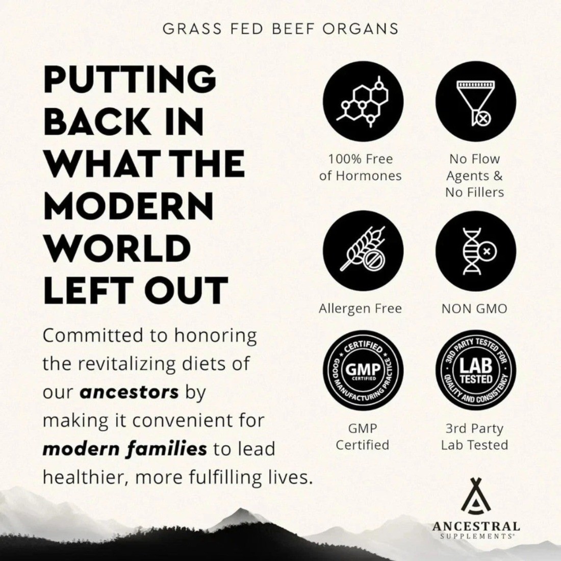 Ancestral Supplements Grass Fed Beef Organ 180 Capsules Supplement – Non-GMO