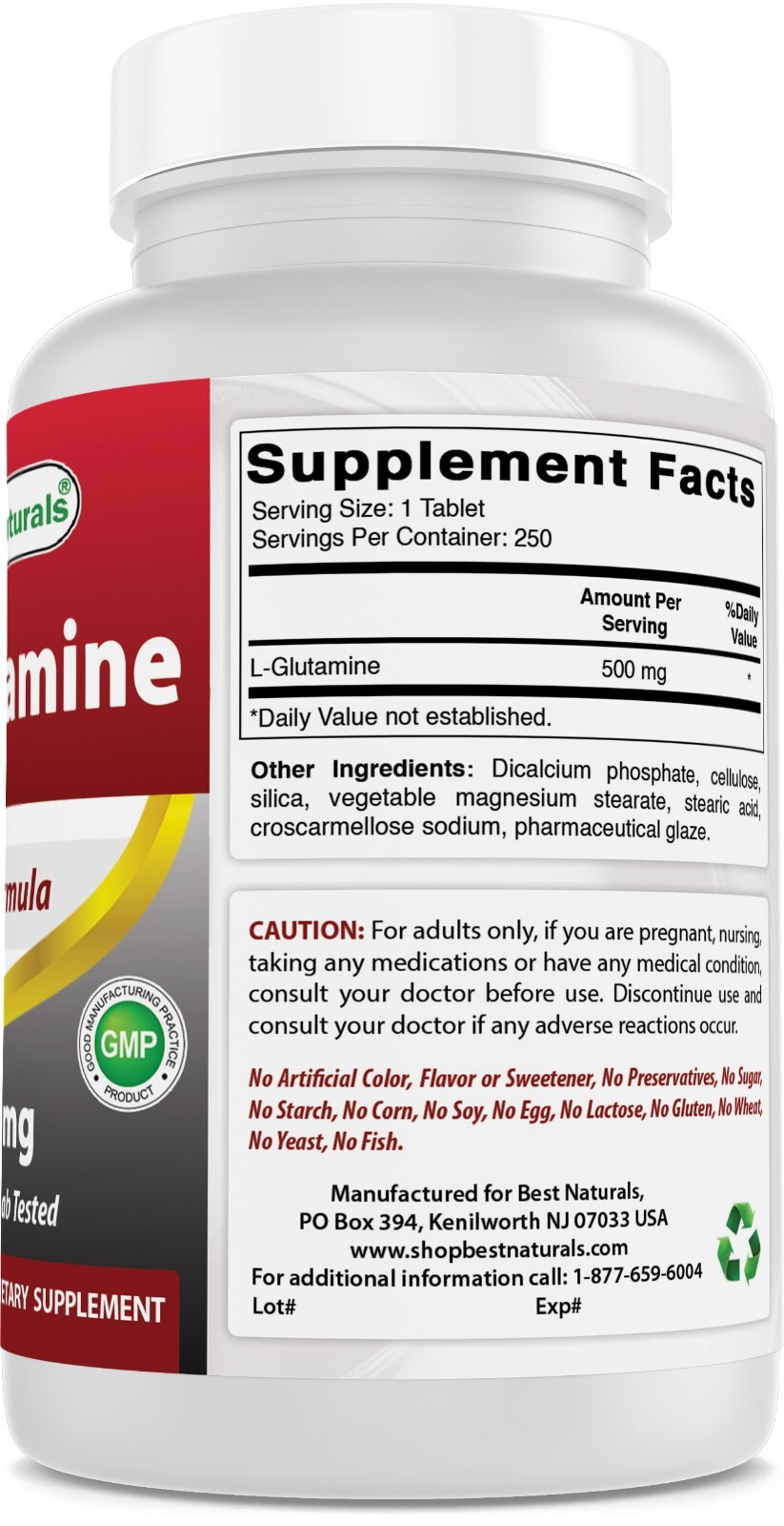 Best Naturals L-Glutamine 500mg, 250 Tablets