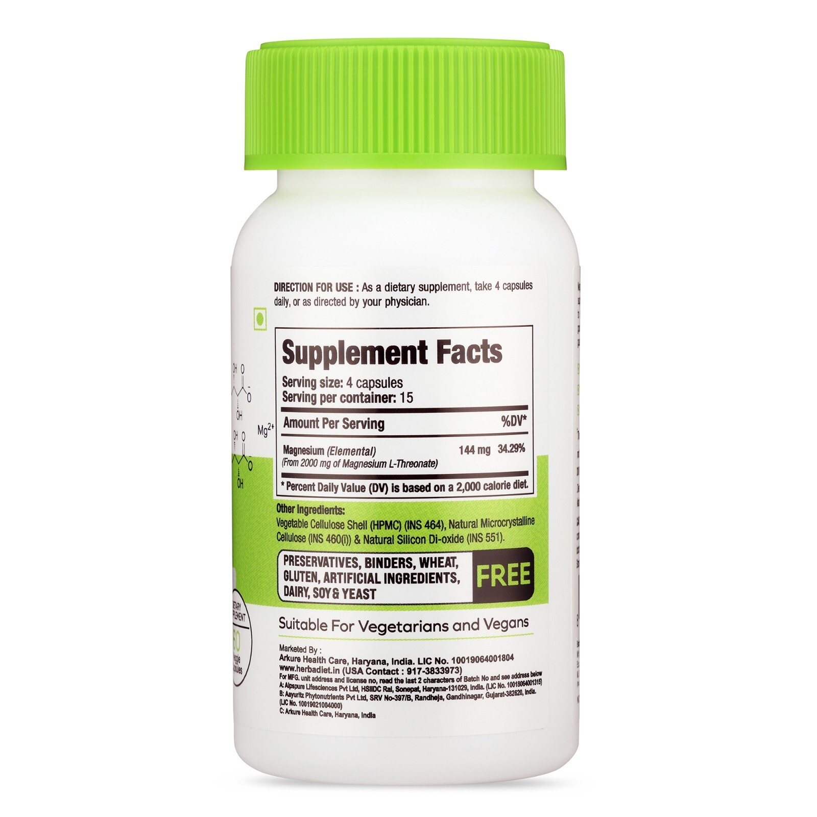 Magnesium L-Threonate Capsules – Essential Mineral – Unflavored – Non GMO – USA