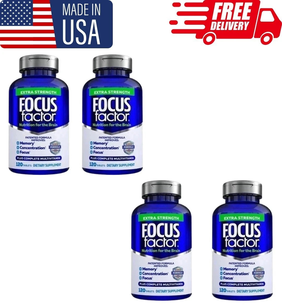 pack of 4 Focus Factor Adults Extra Strength- Brain Supplement 120 Tablets