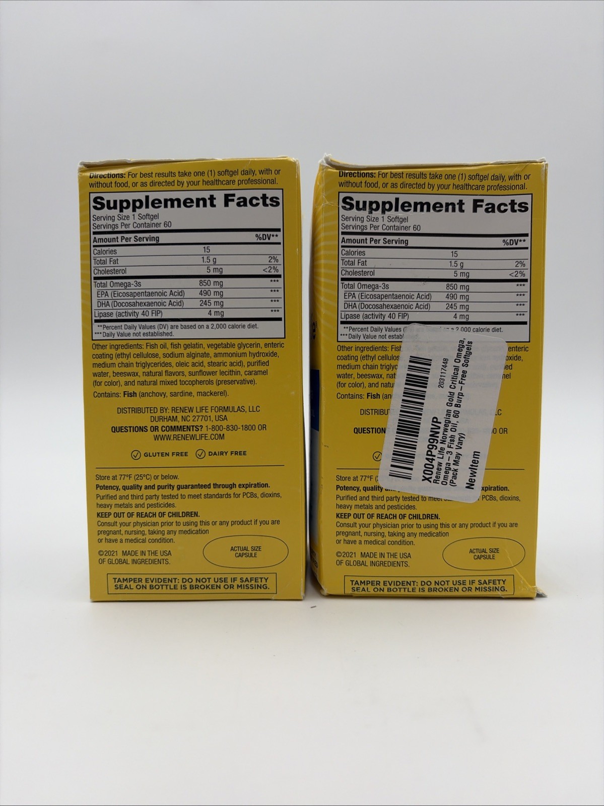 Renew life Critical Omega Norwegian GOLD 850 MG 60 SOFTGELS EXP 8/26 Lot Of 2